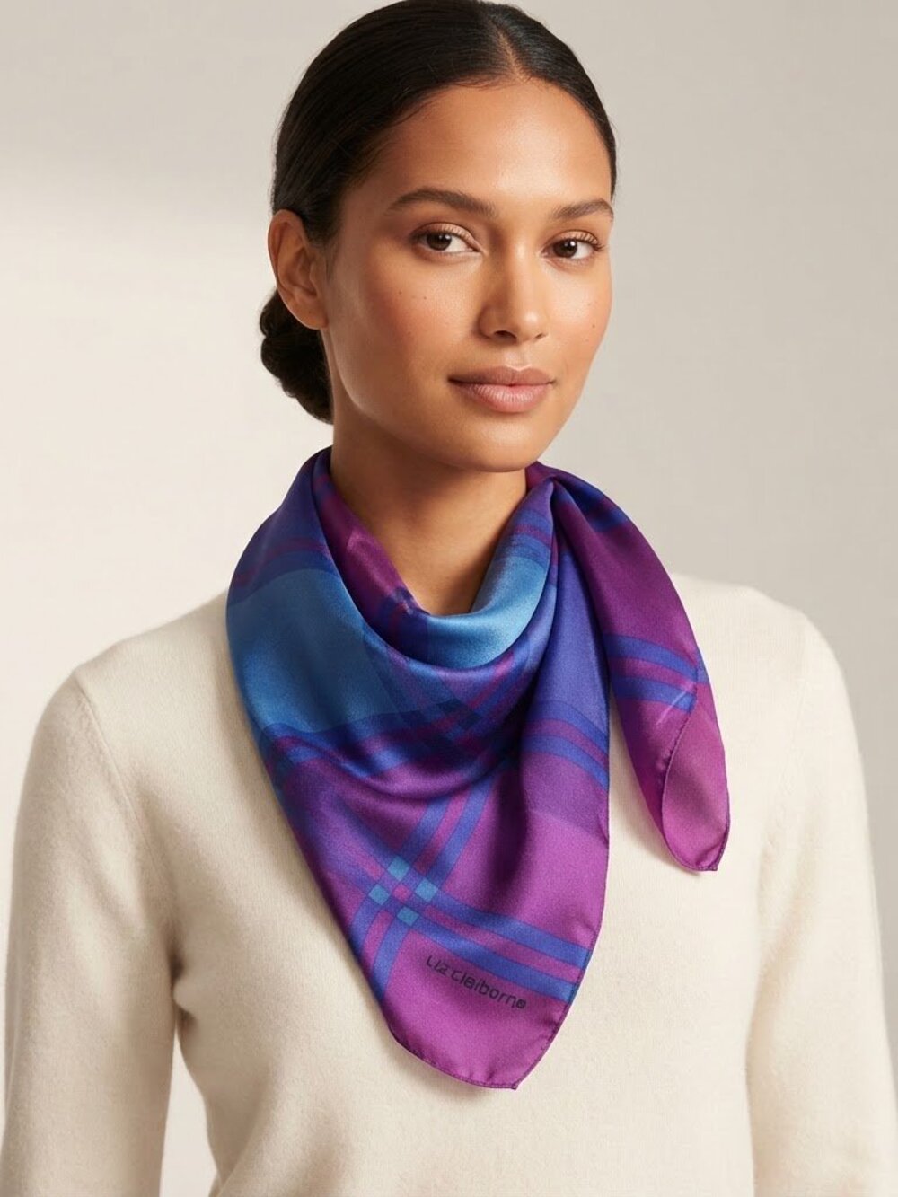 Liz Claiborne Vibrant Purple and Blue Plaid Scarf 10'x 25' Silky